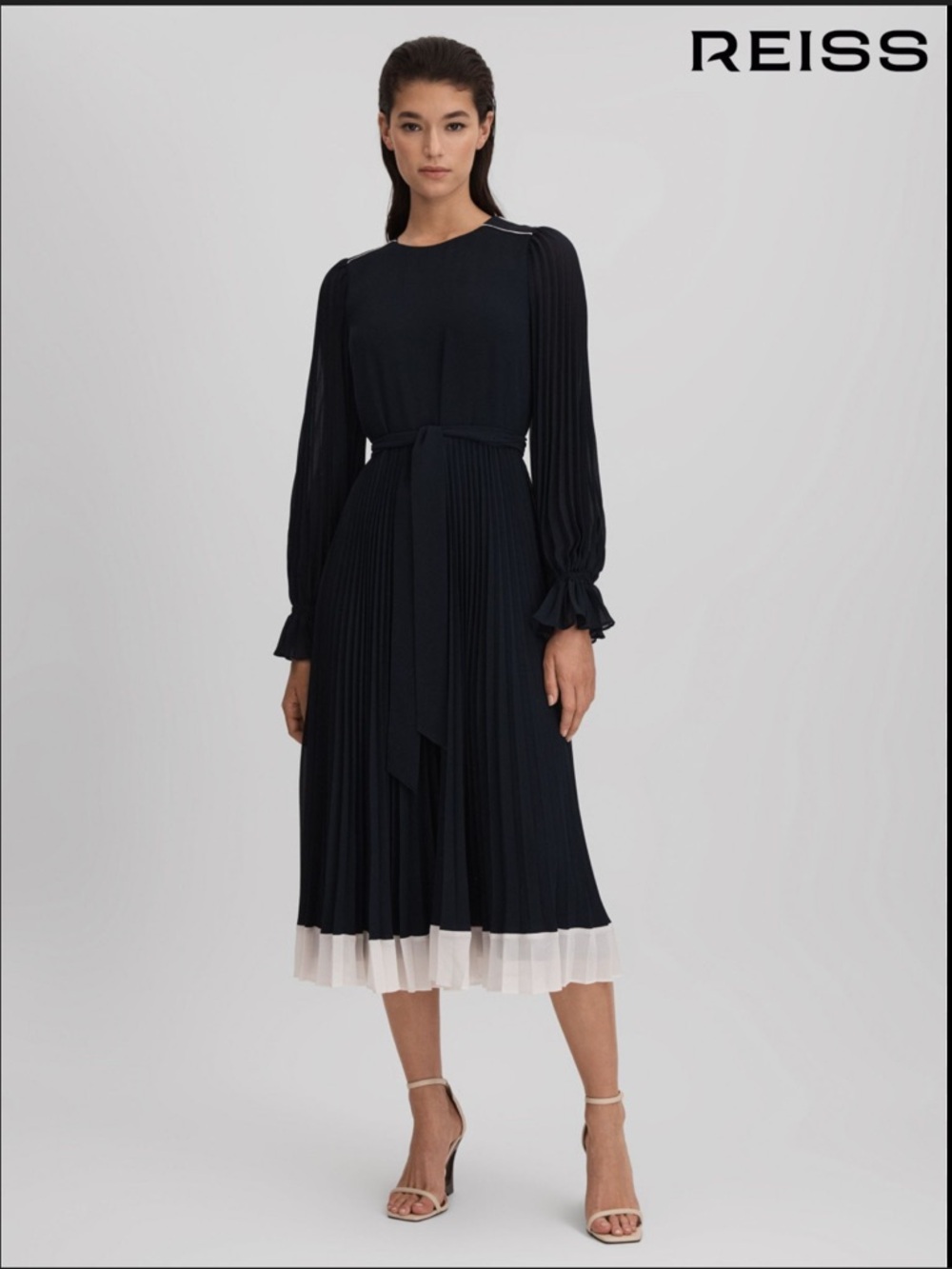 Reiss Navy Midi Dress with Cream Hem and Tie Belt